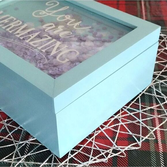 You Are Mermazing Mermaid Blue Wood with Sequins in Glass Top Jewelry Box - Picture 10 of 17